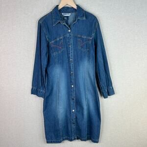 VTG Adriana Sport Womens Denim Snap Front Shirt Dress Size L Knee Length Western